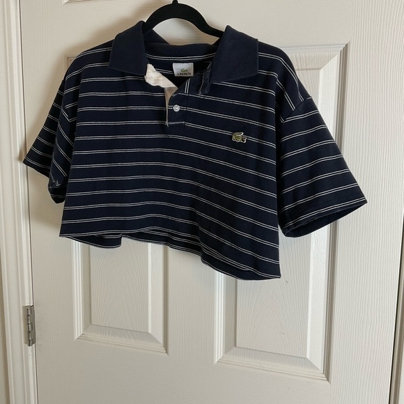 vintage Lacoste cropped polo shirt woman’s blue and white Top size large - Picture 2 of 10
